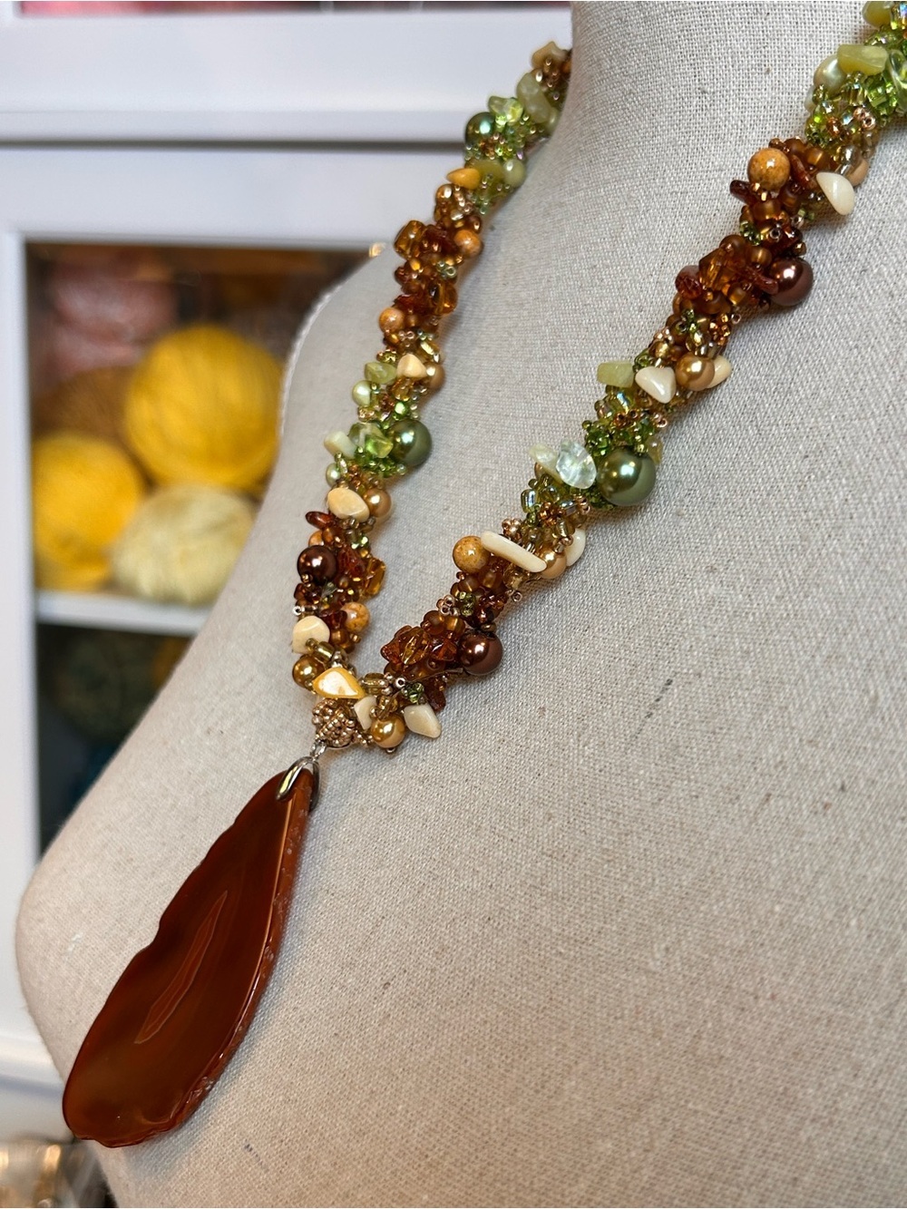 Artisan Chunky Carnelian Agate Slice Pendant Necklace, Carnelian Peridot Earthy - Picture 4 of 11